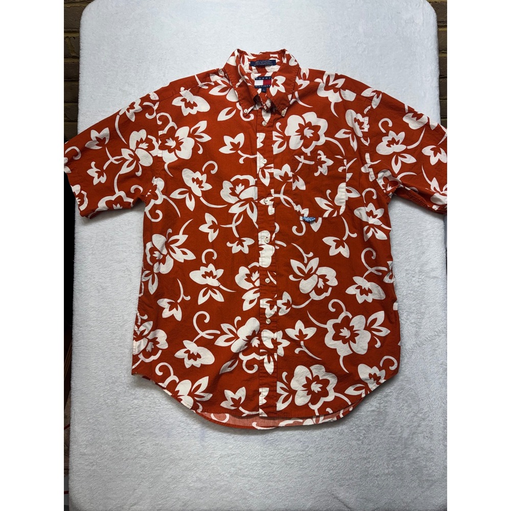 Tommy Hilfiger Mens Large Floral Hibiscus Button Down Shirt Orange White Cotton